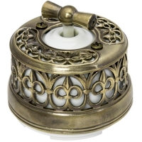 Нажмите для увеличения Выключатель одноклавишный (проходной) 2-х позиционный фарфоровый Salvador OP11KVWT, белый с декоративной накладкой латунь